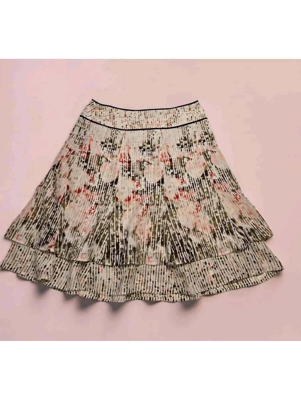 White House Black Market Multi Tiered Soft Skirt Size 6 Pink Olive Abstract